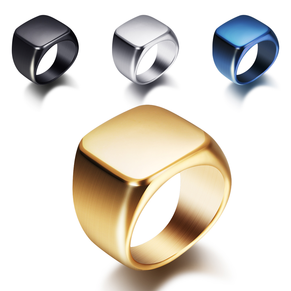Titanium Steel Ring - Ücretsiz kazımayı yeni gümüş/altın/siyah/mavi kare büyük