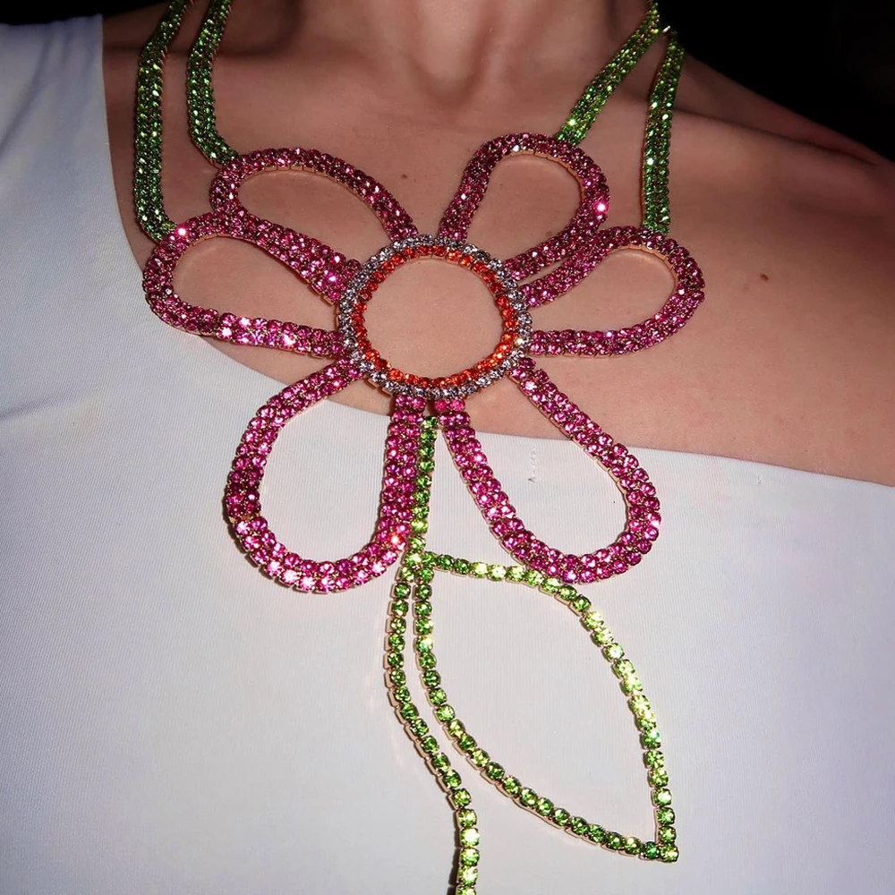 Crystal Choker Necklace - Renkli Kristal Çiçek Bildirimi Kolye Parlak